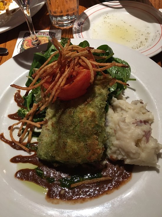 Glacier Brewhouse signature dishes Herb Crusted Alaska Halibut, Fettuccine Jambalaya, Ale Fondue with Pretzels, and World Famous Bread Pudding.